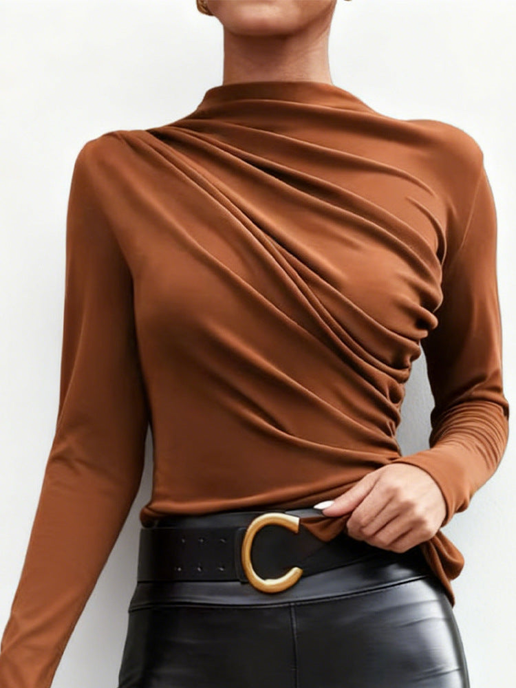 Damen elegantes Langarmshirt mit luxuriösem Drapierungsdesign und schickem Stehkragen Drune