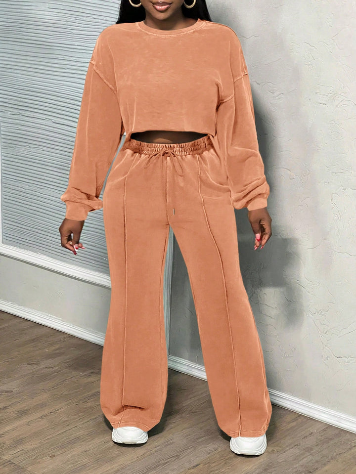 Damen lässiges Crop-Oberteil und weit geschnittene Hose Set Drune