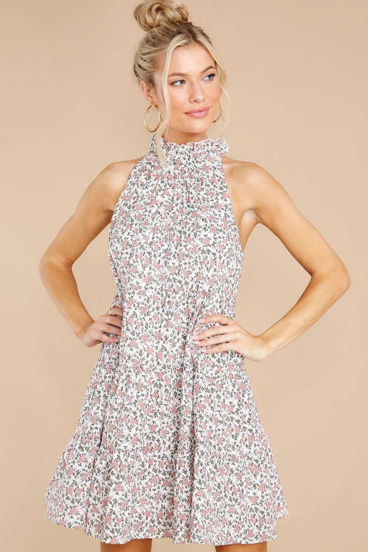Damen Neckholder-Kleid mit verspielt-floralem Design und Rüschendetails Drune