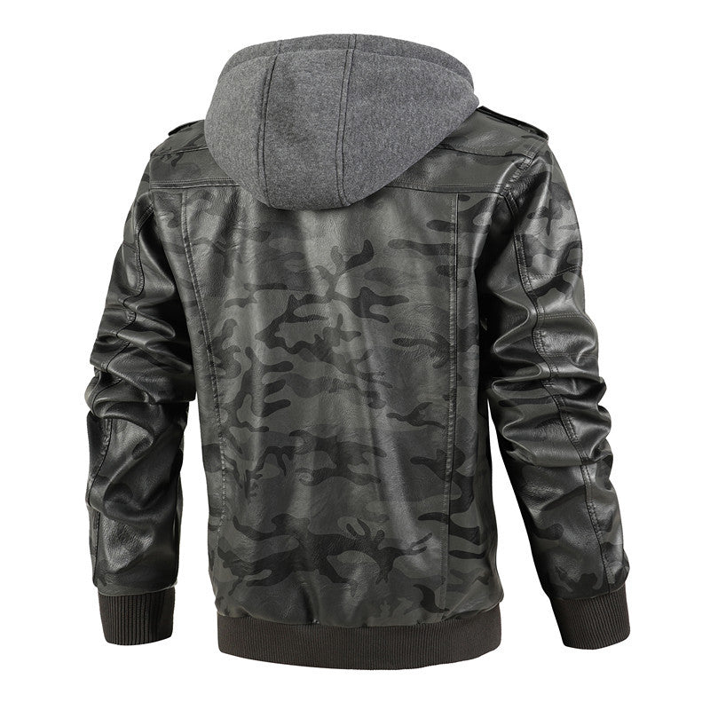 Herren Kunstlederjacke mit abnehmbarer Kapuze und multifunktionalen Taschen Drune