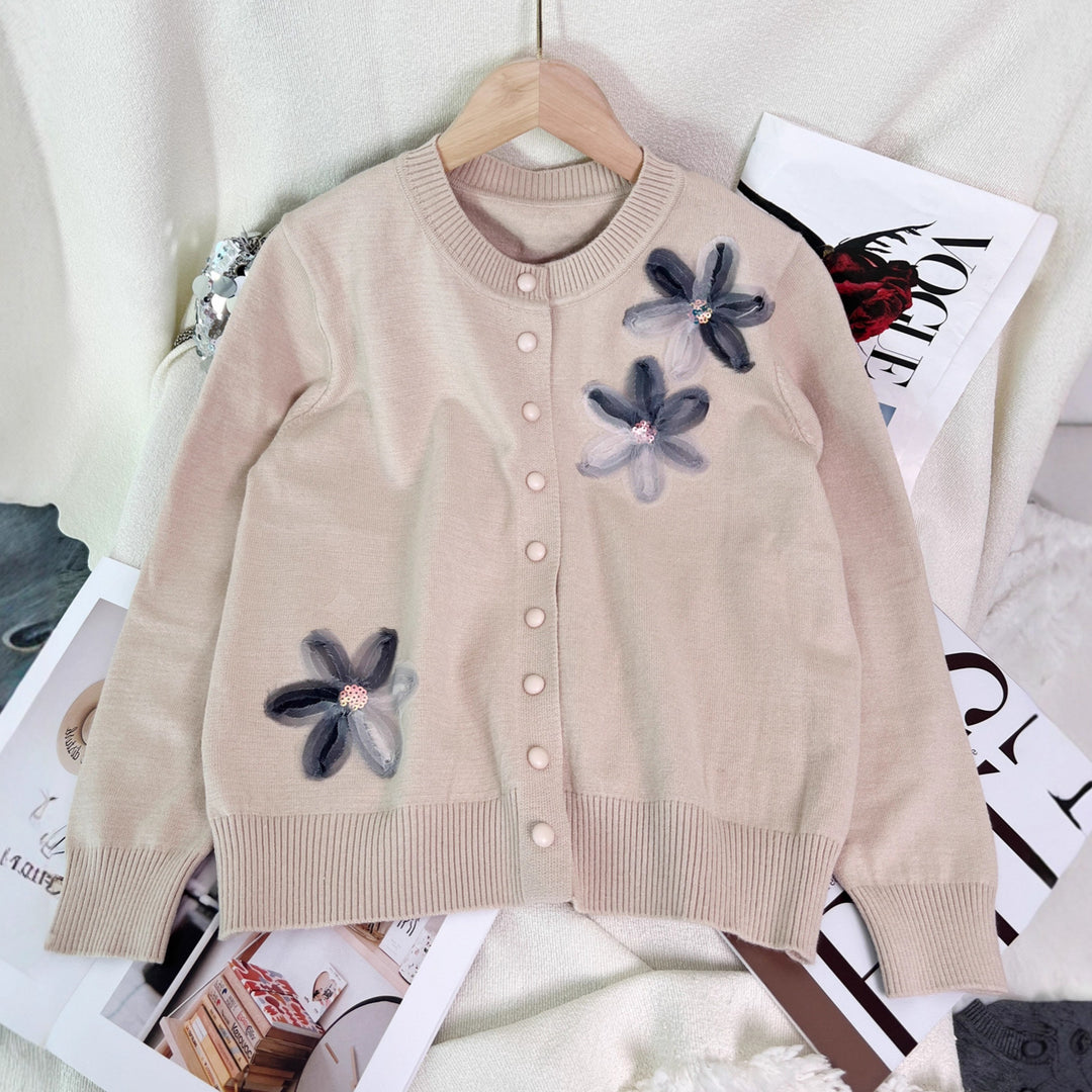 Damen Strickjacke mit floralem Design und Knopfverschluss Drune