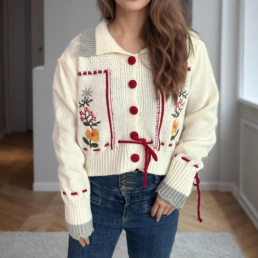 Damen Strickjacke mit Blumenstickerei und modernem Kordelzug Drune