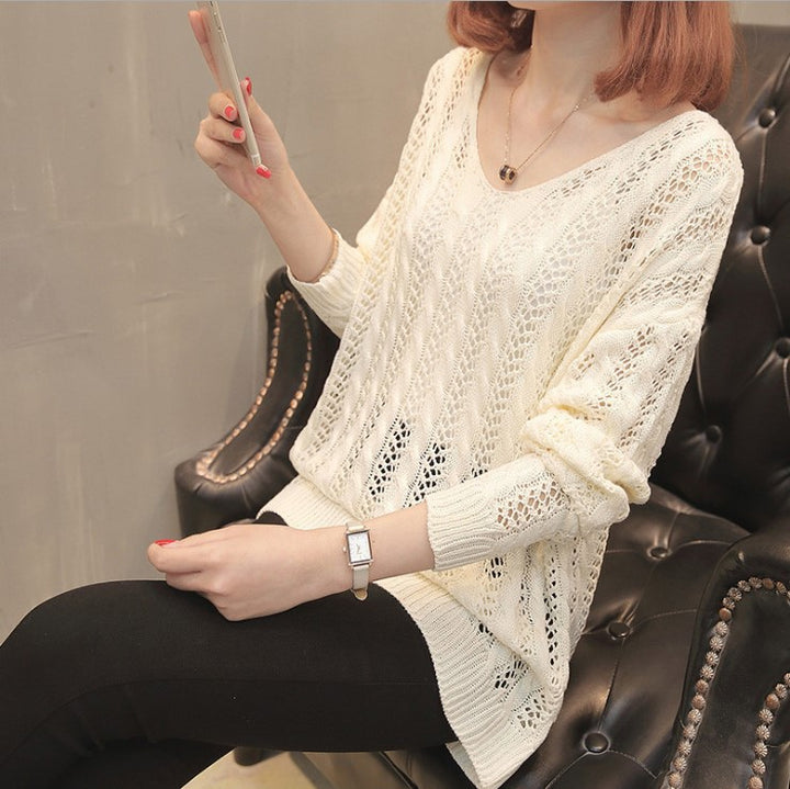 Damen lässiger Strickpullover mit V-Ausschnitt und feiner Lochstruktur Drune
