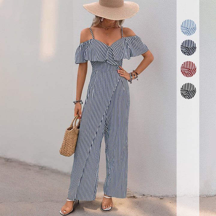 Damen eleganter Jumpsuit mit schulterfreiem Design und gestreiftem Muster Drune