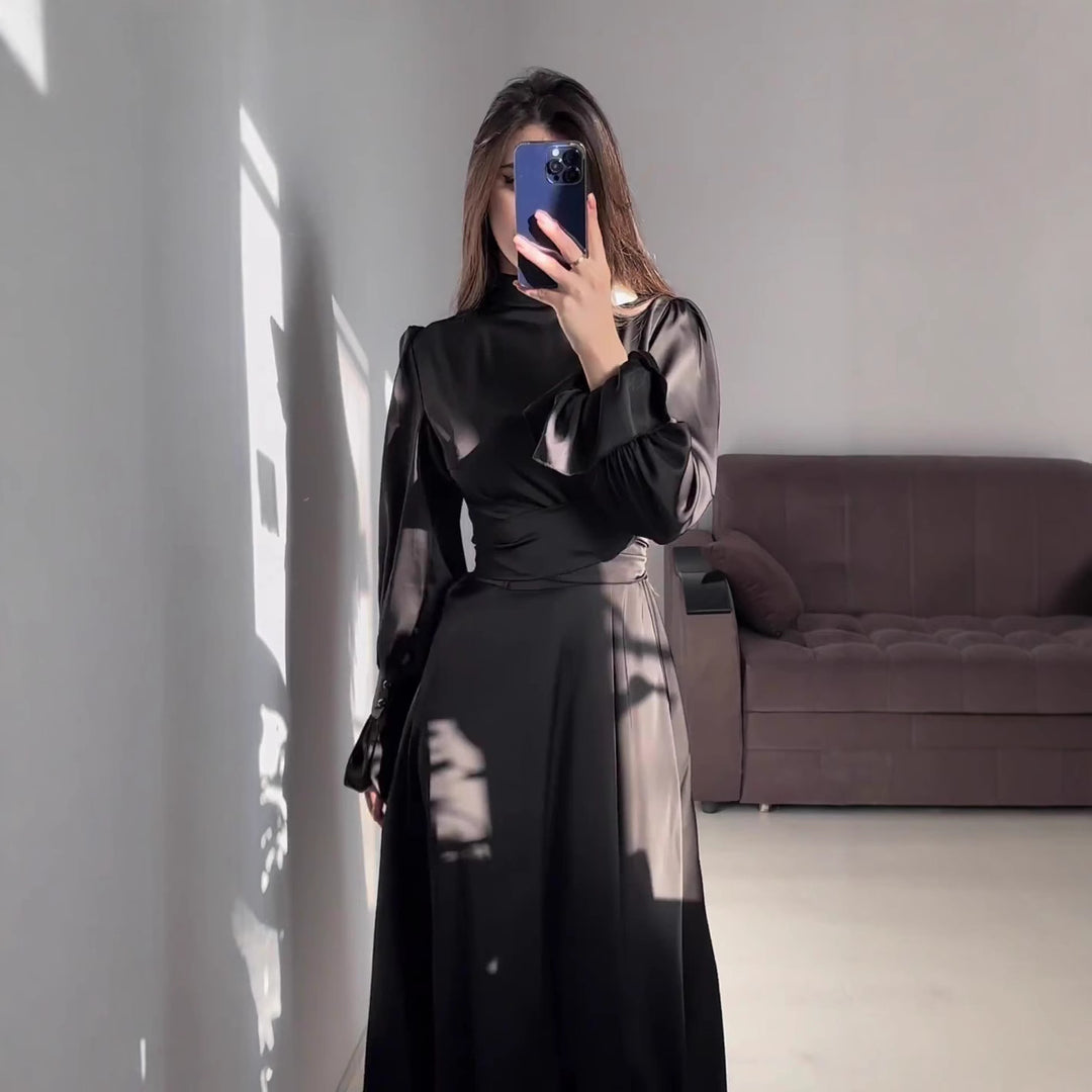 Damen Elegantes Maxikleid mit voluminösen Puffärmeln und hochwertiger Satin-Oberfläche Drune