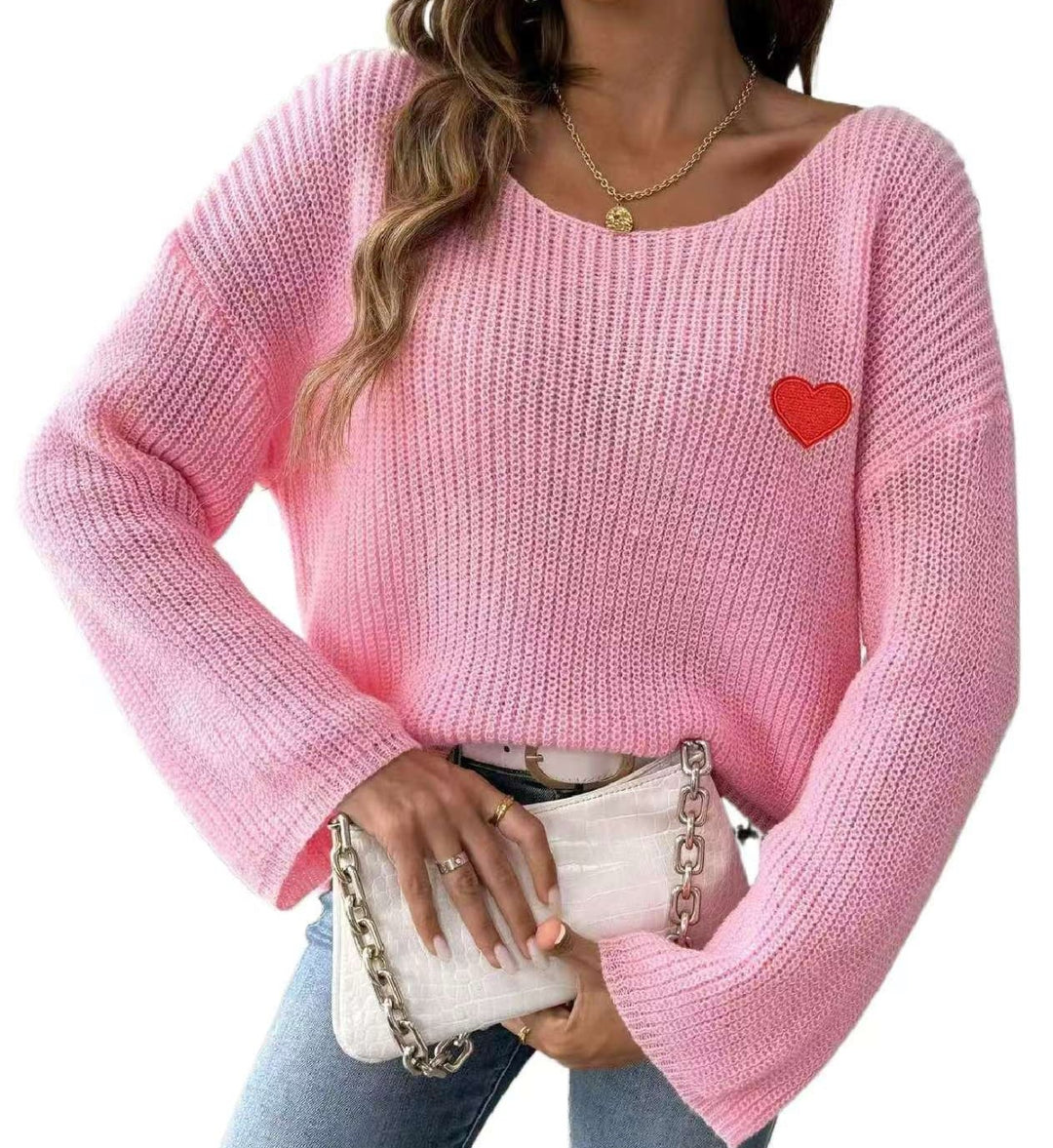 Damen Lockere Strickpullover mit Herzapplikation Drune