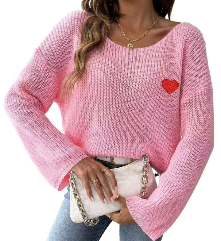 Damen Lockere Strickpullover mit Herzapplikation Drune