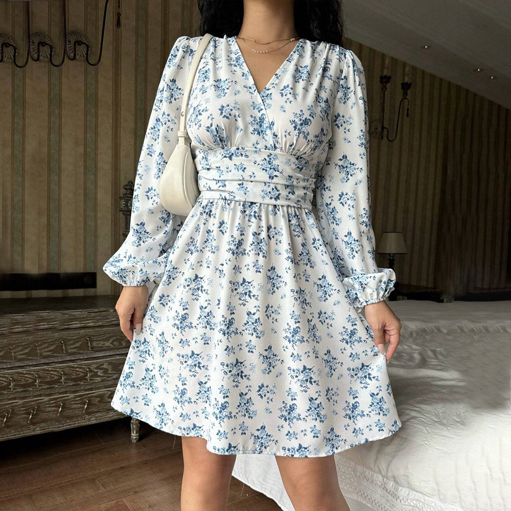 Damen florales Wickelkleid mit langen Ärmeln Drune