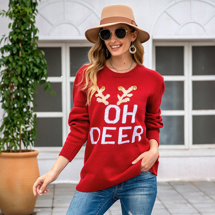 Damen Weihnachtspullover mit festlichem Rentier-Design und Knopfdetails Drune