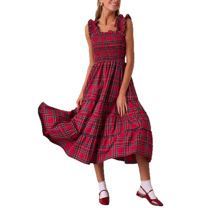 Damen Maxikleid mit voluminösen Rüschendetails und klassischen Karo-Muster Drune