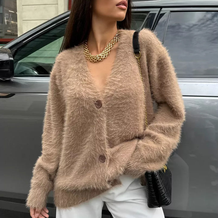 Damen kuscheliger Cardigan mit V-Ausschnitt und weichen Ärmeln Drune