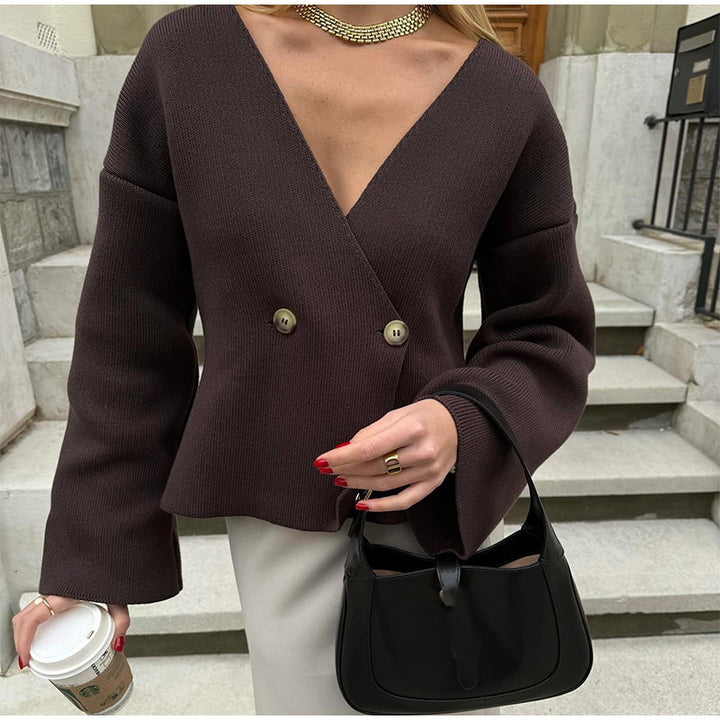 Damen modische Strickjacke mit tiefem V-Ausschnitt und eleganten Knopfdetails Drune