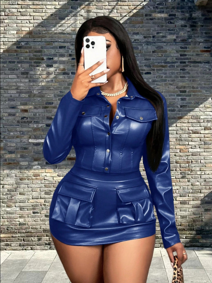 Damen Kunstleder Minikleid mit praktischen Klappentaschen Drune