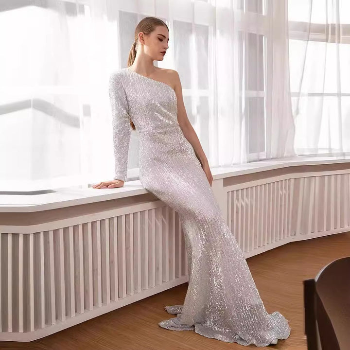Damen Glitzerndes Elegantes Abendkleid mit schimmerndem Effekt und asymmetrischem Schnitt Drune