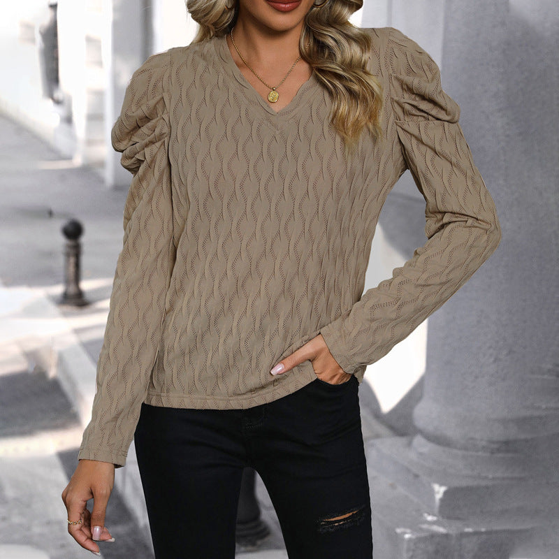 Damen Pullover mit strukturiertem Wellenmuster und eleganten Puffärmeln Drune