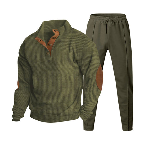 Herren nan strukturiertes Strick-Loungewear-Set mit halber Knopfleiste, kontrastreichen Ellbogenpatches und elastischem Tunnelzug-Jogger Drune