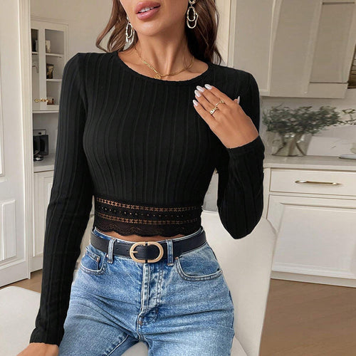Damen cropped Longsleeve mit raffinierten Spitzenakzenten Drune