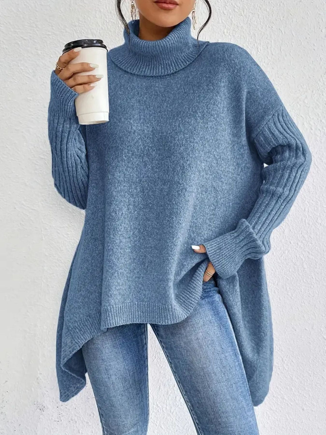 Drune | Rollkragenpullover Übergröße Passform Wollstrick Asymmetrischer Saum Gerippte Ärmel