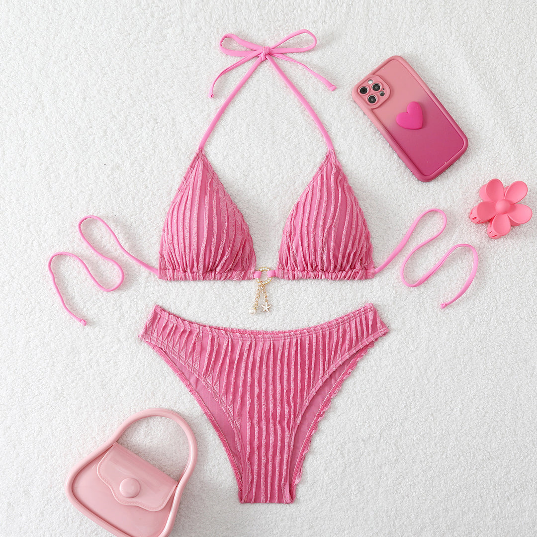 Damen Triangel-Bikini mit feiner Ripptextur und verspieltem Schmuckdetail Drune