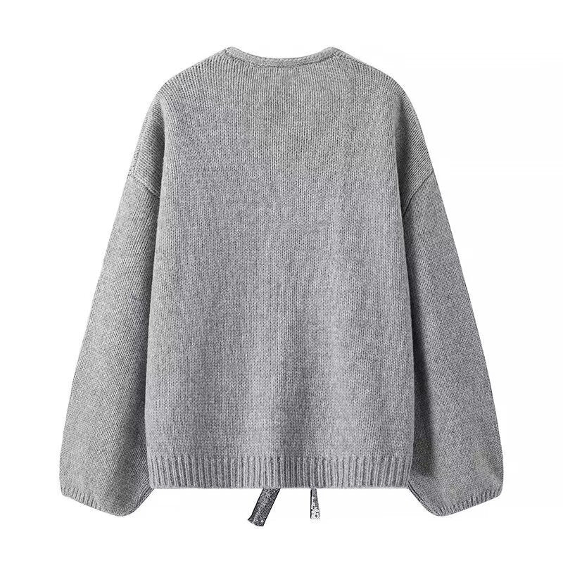 Damen luftige Strickjacke mit Schimmerndem Bindegürtel Drune