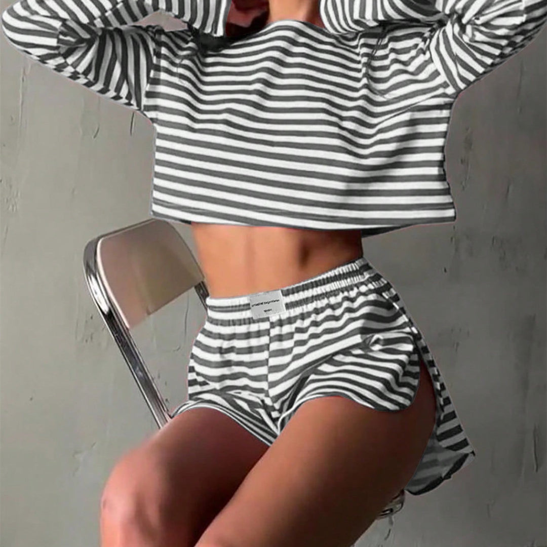 Damen lässiges gestreiftes Lounge-Set mit cropped Oberteil und Shorts Drune