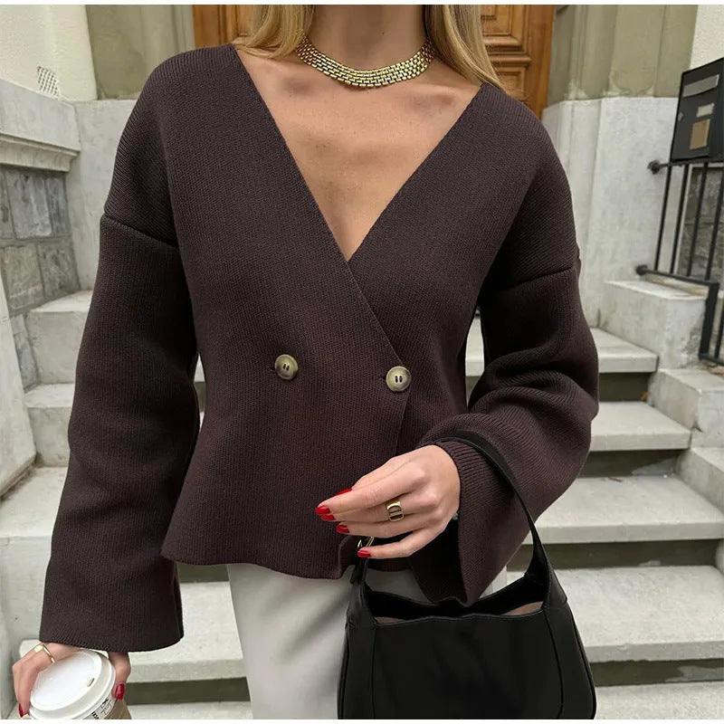 Damen Trendige Strickjacke mit asymmetrischem Schnitt und großen Knöpfen Drune