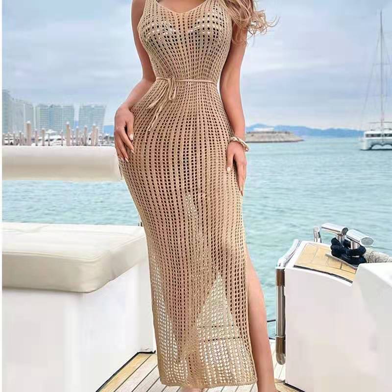Damen luftiges Strickkleid mit tiefem V-Ausschnitt und seitlichen Schlitzdetails Drune