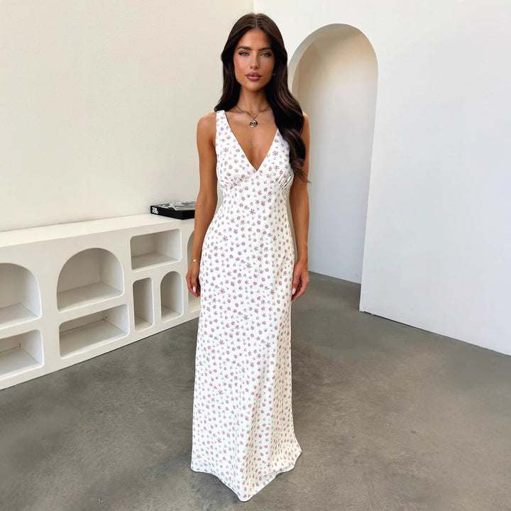 Damen Maxikleid mit V-Ausschnitt und Verspieltem Blumenmuster Drune