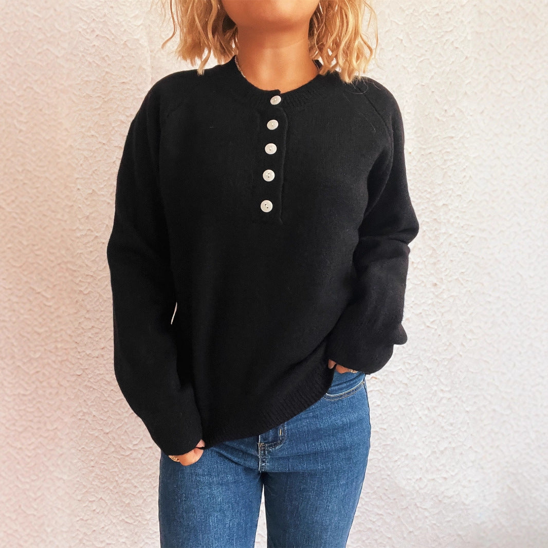 Damen gemütlicher Strickpullover mit Knopfdetails Drune