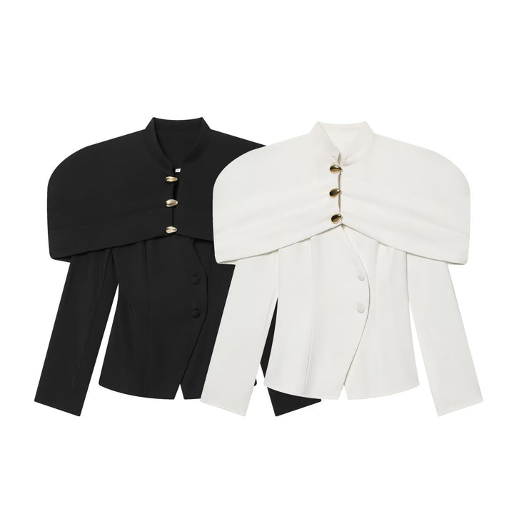 Damen elegante Blazerjacke mit übergroßen Schulterklappen und goldenen Knopfdetails Drune