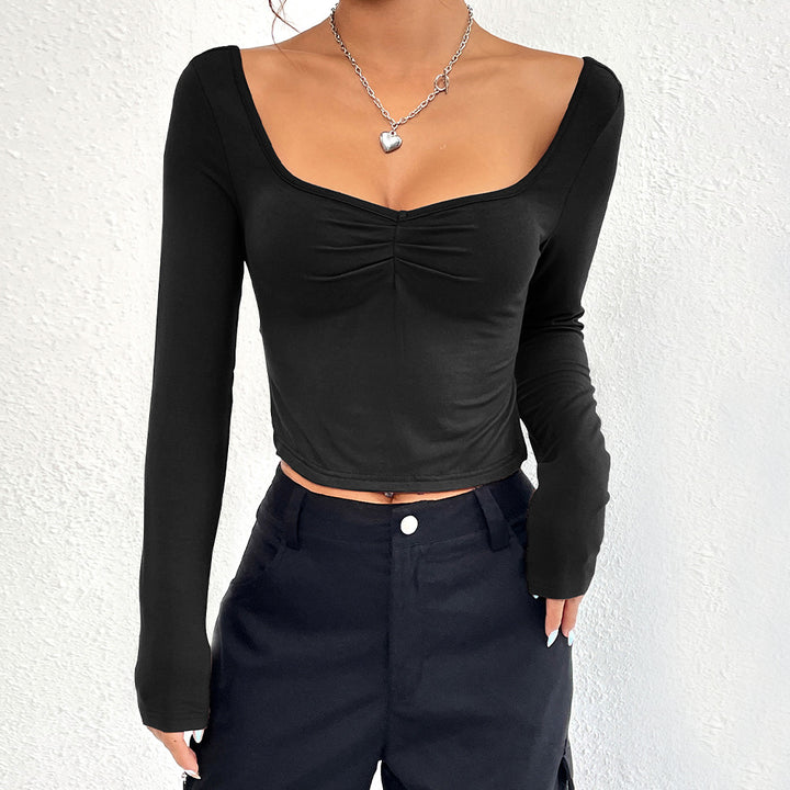 Damen elegantes langärmliges Crop-Top mit schickem Raffungseffekt Drune