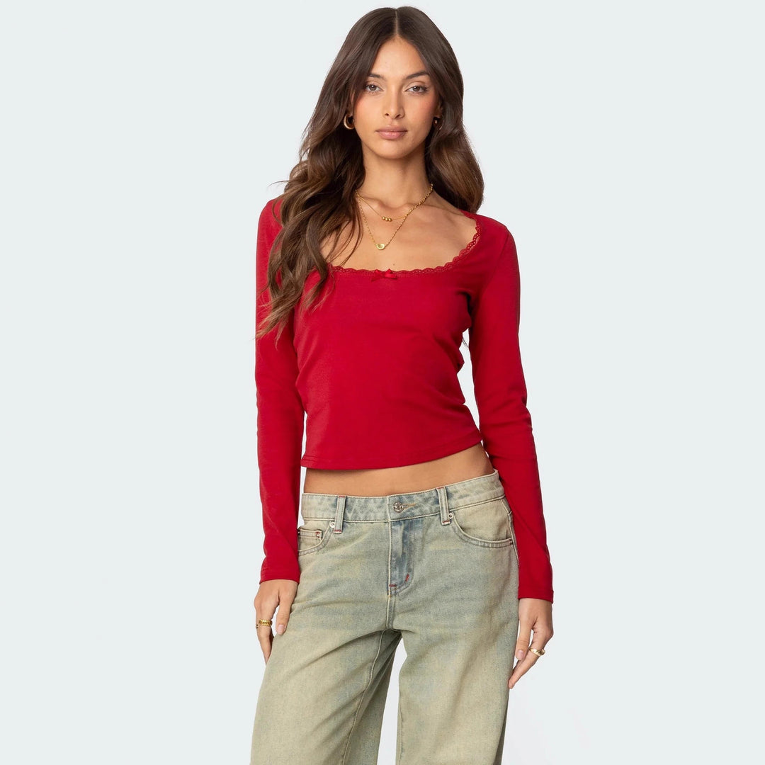 Damen Langarmshirt mit quadratischem Ausschnitt und Spitzenakzenten Drune