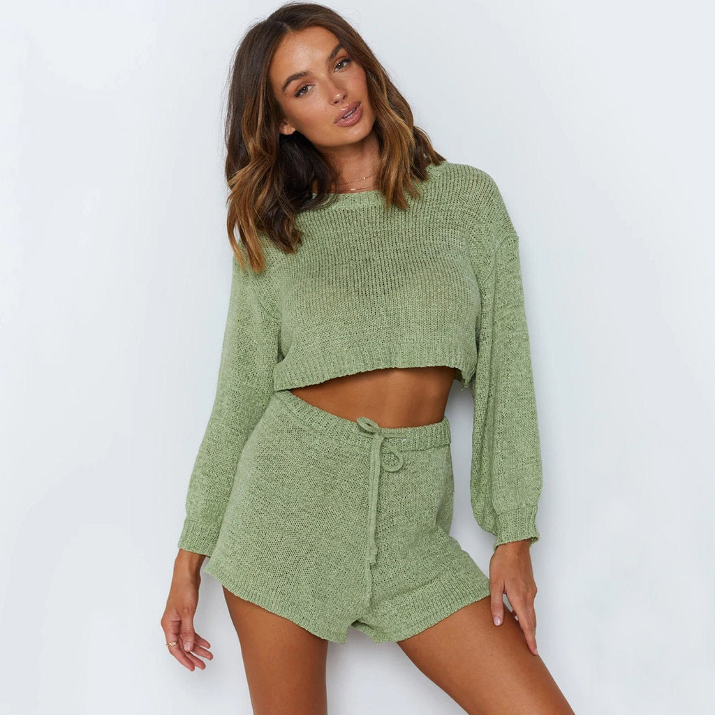 Damen Cropped Strickanzug mit lockeren Shorts und eleganten Ärmeln Drune