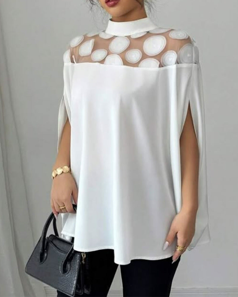 Damen nan elegante Tunika-Bluse mit Stehkragen, transparenter Rund-Applikationspasse und Cape-Ärmeln Drune
