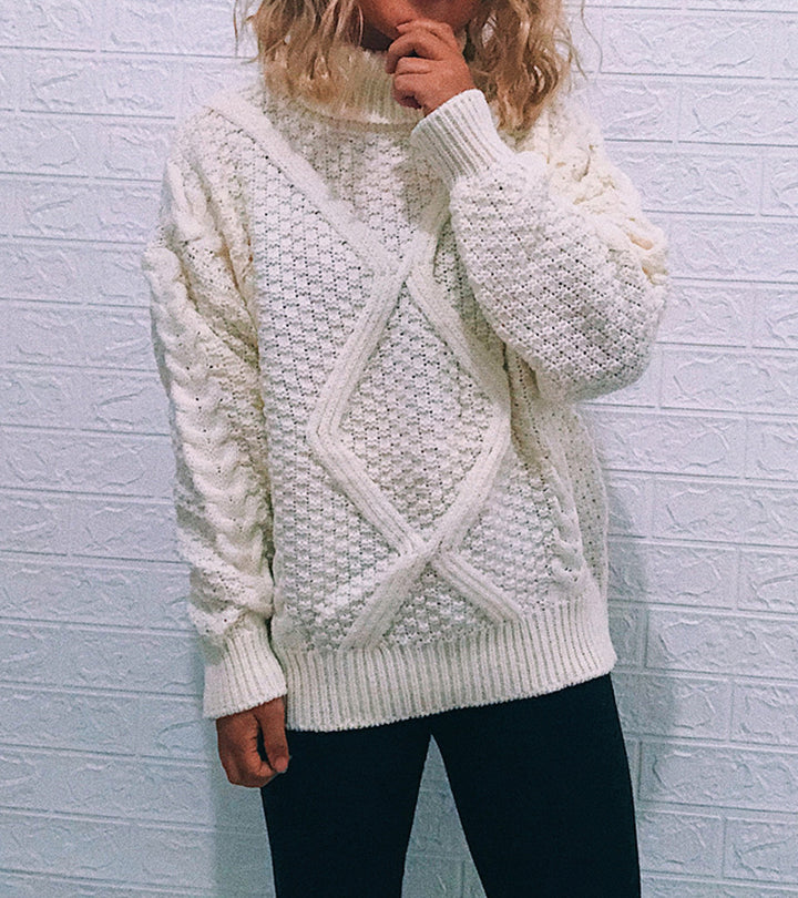 Damen Grobstrickpullover mit modischem Zopfmuster und hohem Kragen Drune