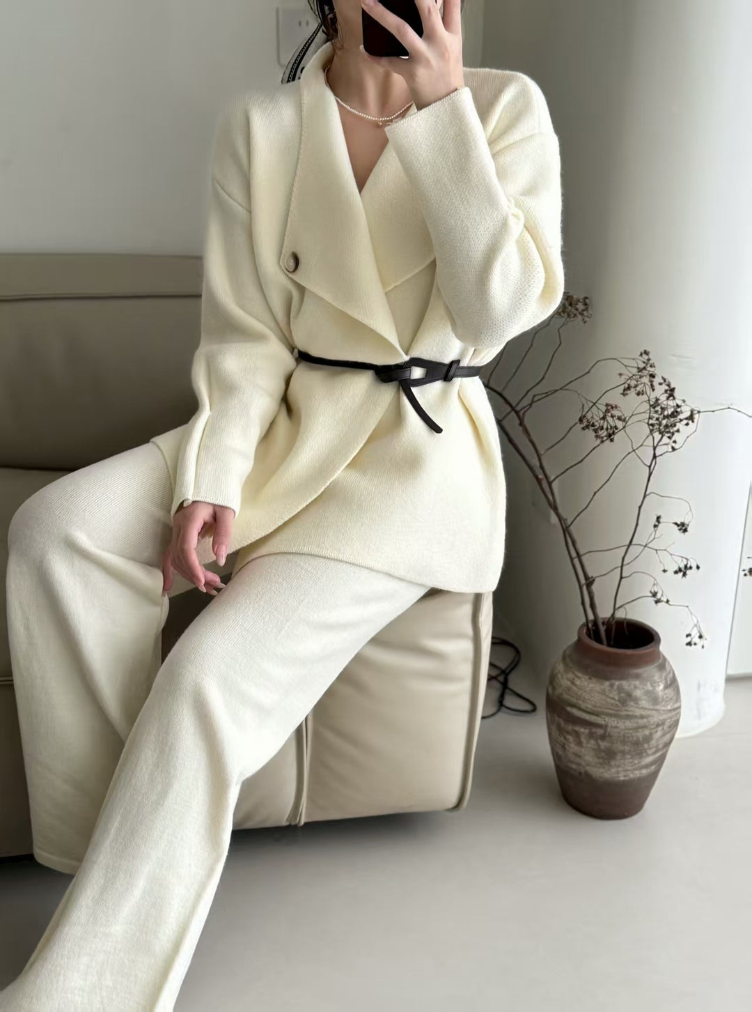 Damen Eleganter Blazer mit tailliertem Gürtel und feiner Textur Drune