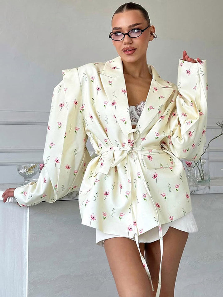 Damen elegante Blazerjacke mit floralem Design und Taillengürtel Drune