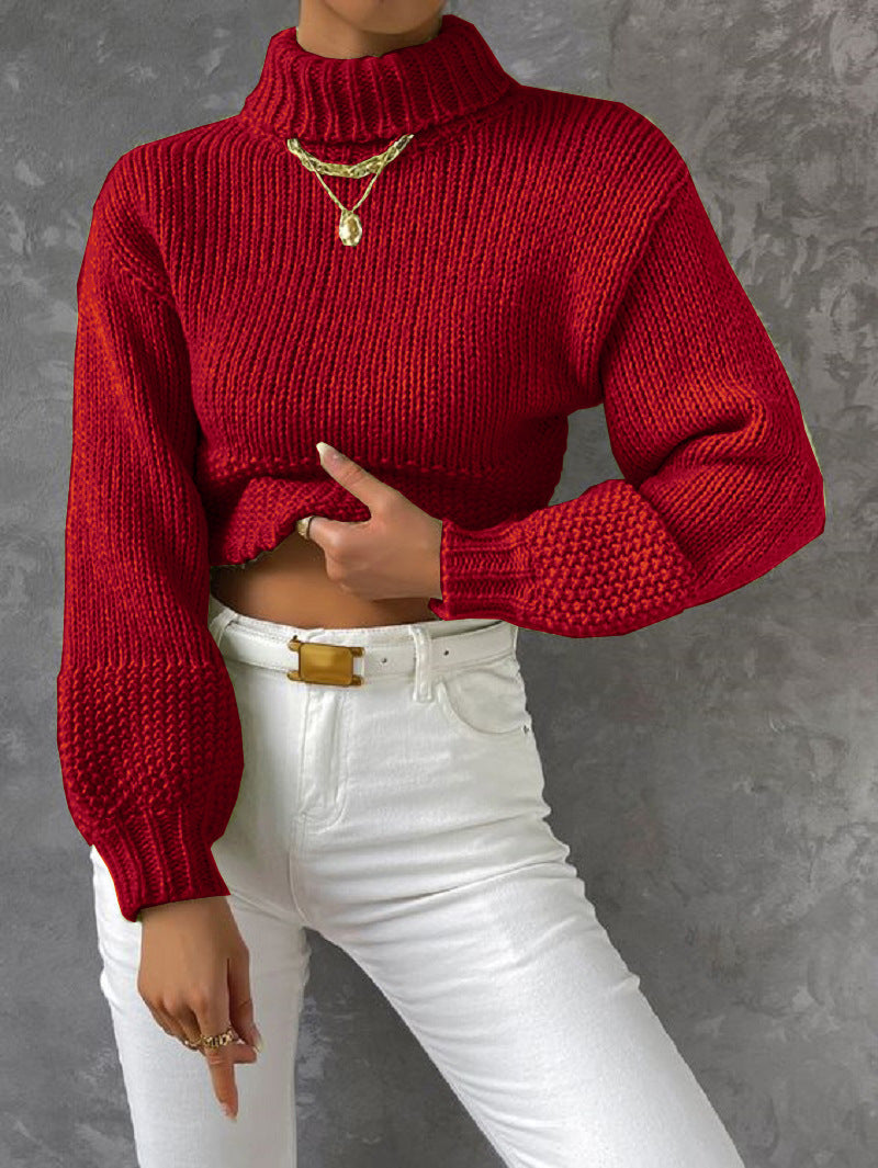 Damen Grobstrick Pullover mit hohem Kragen Drune