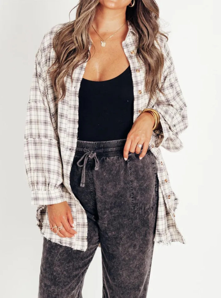 Damen lässige Oversized-Hemdjacke mit Karomuster Drune