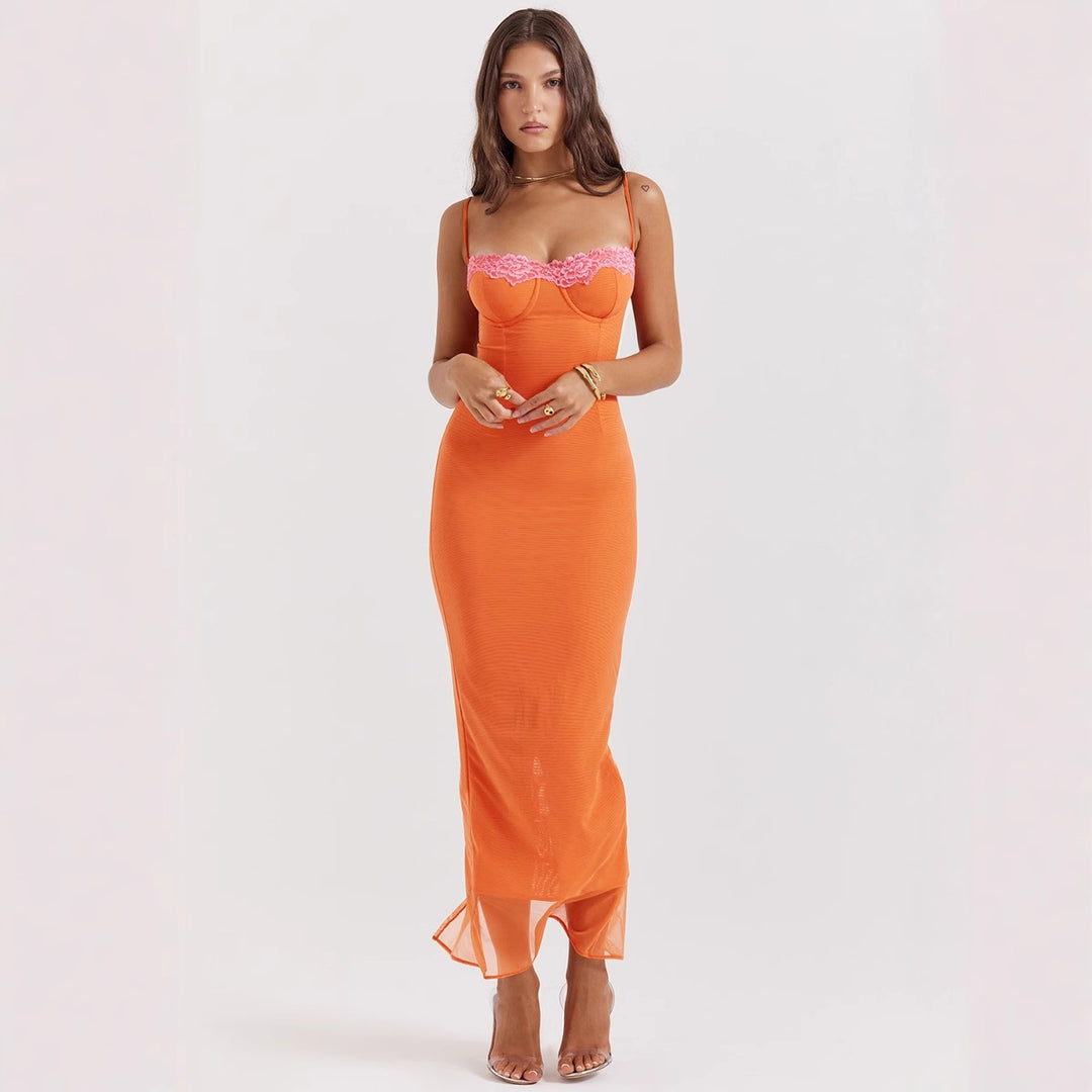 Damen figurbetontes Maxikleid mit transparentem Saum und romantischem Spitzenakzent Drune