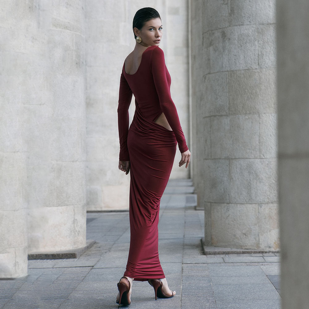 Damen figurbetontes Maxikleid mit innovativem Drapierungselement Drune