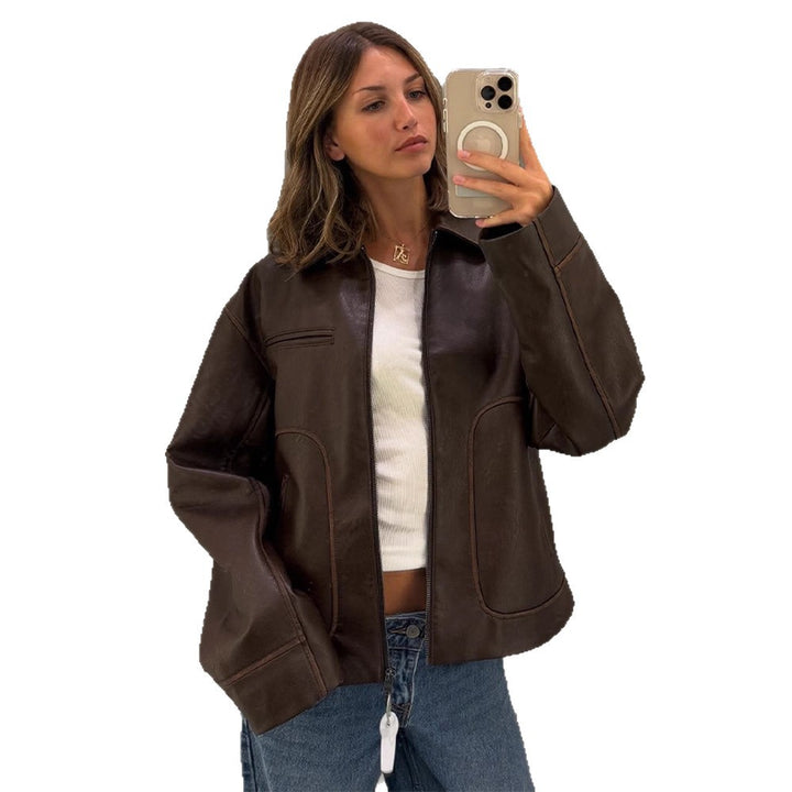 Damen modische Kunstlederjacke mit praktischen Eingrifftaschen und stylishen Details Drune