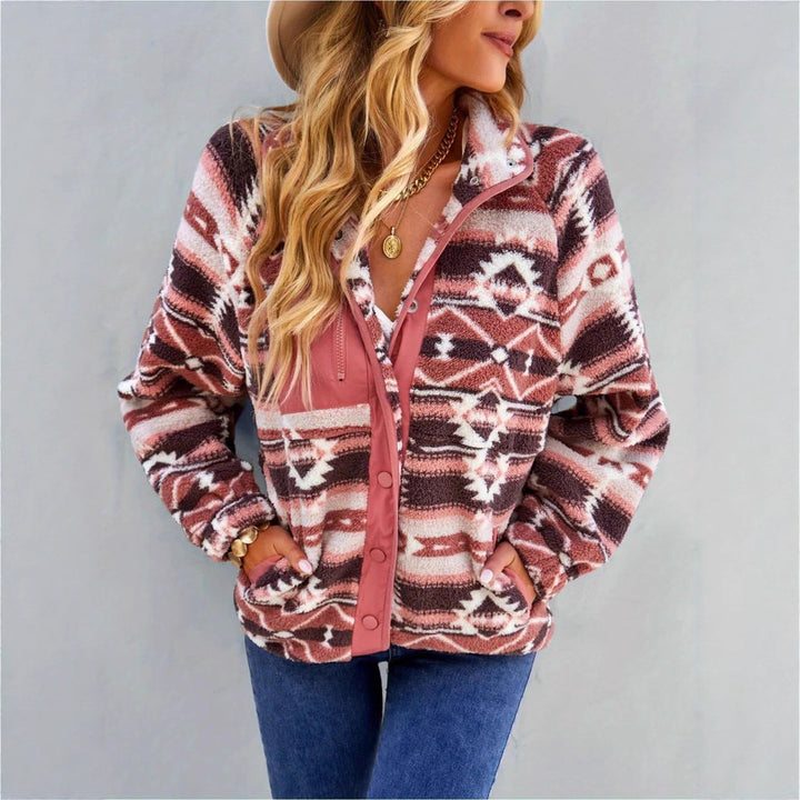 Damen Gemusterte Plüschjacke mit hohem Kragen und Druckknopfverschluss Drune