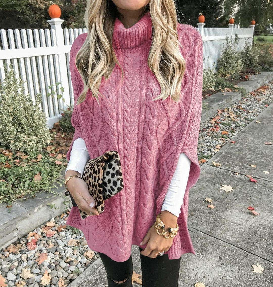 Damen Strickponcho mit hohem Kragen und dekorativem Zopfmuster Drune