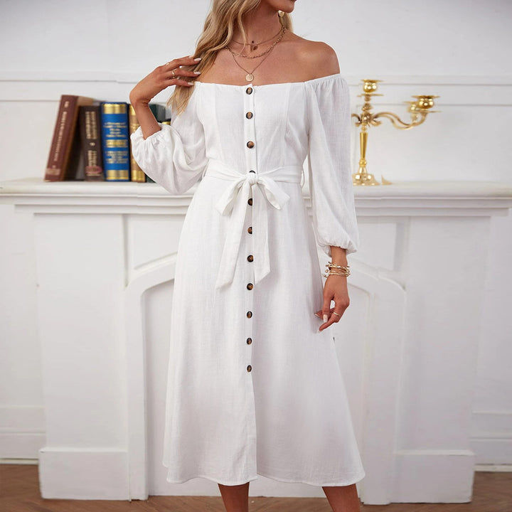 Damen Maxikleid mit schulterfreiem Design und dekorativen Knöpfen Drune