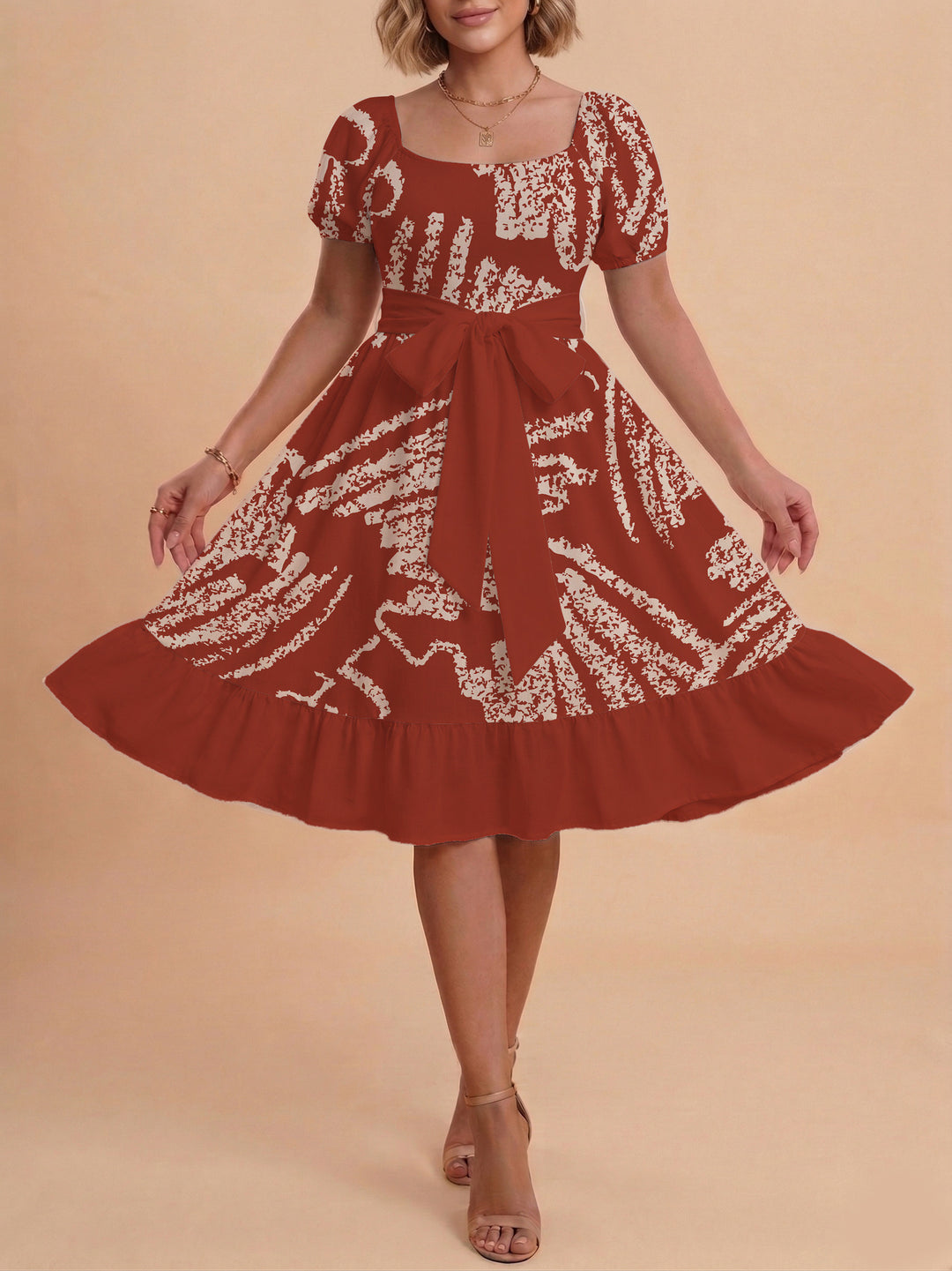 Damen A-Linien-Kleid mit floralen Motiven und taillierbarem Gürtel Drune