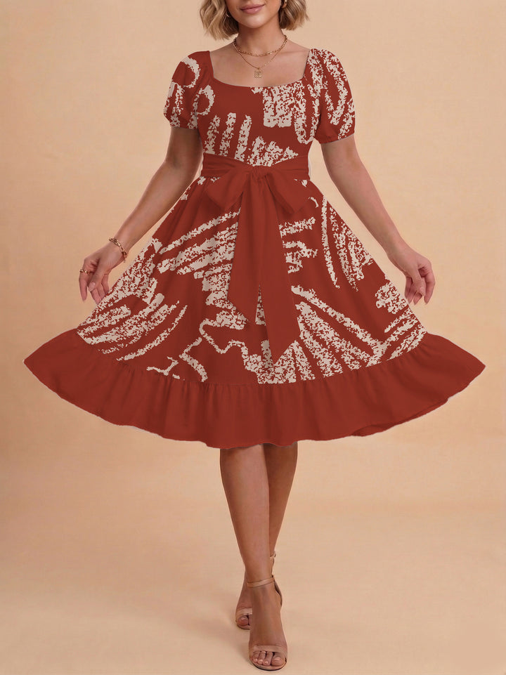 Damen A-Linien-Kleid mit floralen Motiven und taillierbarem Gürtel Drune