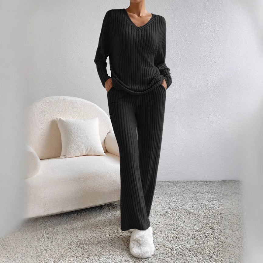 Damen Strick-Loungewear Set mit Rippenstruktur und V-Ausschnitt Drune