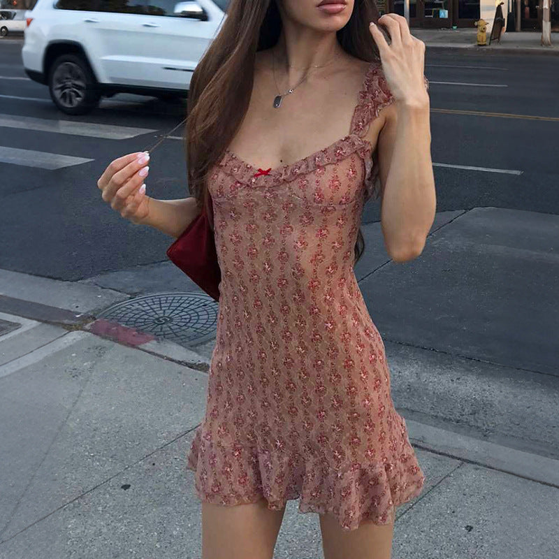 Damen Transparente Spitzenkleid mit Rüschen und floralem Muster Drune