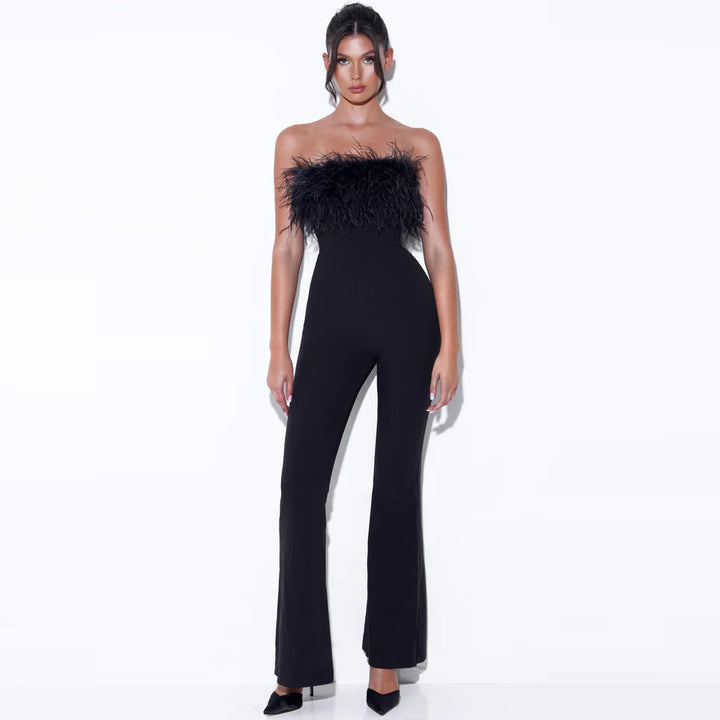 Damen Culotte-Overall mit glamourösem Federbesatz Drune
